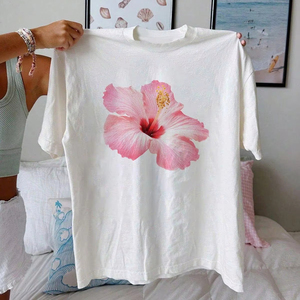 T-shirt à broderie graphique florale Conception d'impression de logo personnalisé Choisissez la couleur du texte et le placement T-shirt d'été en coton doux - Product Image 4