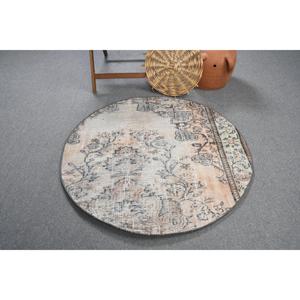 Tapis turc traditionnel rond de 4x4 pieds, écologique, en laine, beige, patchwork, avec support en latex, tapis abstrait - Product Image 3