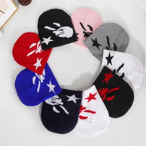 Design graphique personnalisé imprimé jacquard tissé tricoté Streetwear réversible tête de mort Skully Hat Premium Beanie - Product Image 1