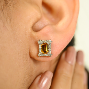 Classic Design Handmade Collection <b>Citrine</b> & Diamond Pure 14K White Gold Push Back Halo Stud Earrings Birthday Gift <b>Jewelry</b> - Product Image 4