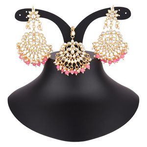 Conjunto de pendientes indios Maang Tikka, cristal de Bollywood, Kundan, cadena de cabeza de Perla sintética, Pendientes colgantes grandes, conjunto de joyería - Product Image 2