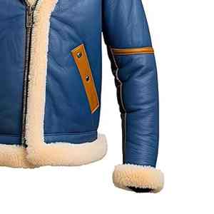 High Quality Grey Genuine Sheepskin Sherpa Faux Fur Collar Classy Aviator Pilot Winter Bomber Leather Sheepskin Bomber Jacket - Product Image 6