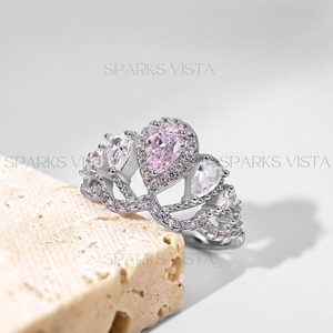 Anillo de diamante simulado de corte de pera rosa de alta calidad, oro de 10K/14K/18K con moissanita, Tiara de princesa única, banda de boda para mujer - Product Image 6