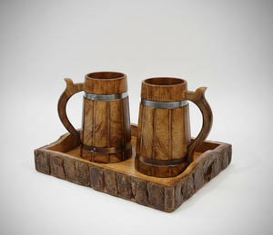 Tasses à café en bois artisanales de qualité supérieure avec plateau de service en écorce naturelle pour cafés rustiques |   Ensemble cadeau écologique et unique - Product Image 1