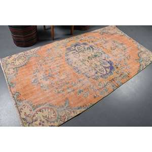 Alfombra de lana Vintage naranja y Beige de 4,2x8 pies, hecha a mano, área grande, estilo Tabriz, diseño de retazos, respaldo de látex para adolescentes para pasillo - Product Image 2