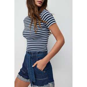 Haut à manches courtes à rayures décontracté pour femmes Coupe ajustée Imprimé vintage Crop Tee Respirant Vêtement d'été - Taille unique convient aux tailles XS S M L XL - Product Image 3