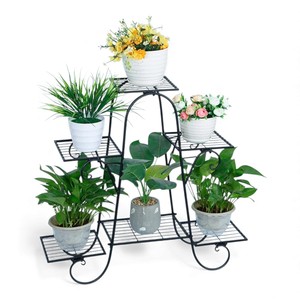 Ensemble de supports à plantes à deux niveaux en métal noir avec des étagères rondes incurvées pour la décoration intérieure - Product Image 3