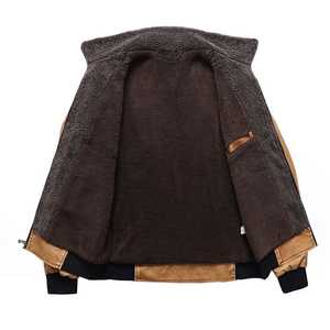 Warm <b>Men's</b> Tan Faux Leather <b>Jacket</b> with Plush <b>Sherpa</b> Lining Zipper Closure and Curved Patch Pockets for a Casual Winter Style - Product Image 5