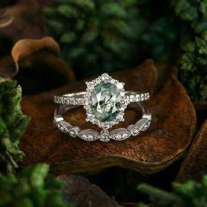 Ensemble de bagues de mariage Jeulia en argent sterling avec agate mousse taille ovale et halo - Product Image 5
