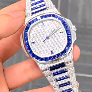 Vente chaude à la mode montre glacée blanc et bleu diamant Moissanite montre pour hommes carré Bling Hip Hop montre-bracelet - Product Image 5