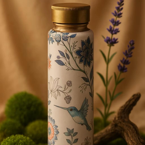Bouteille en cuivre de créateur avec imprimé floral et oiseau coloré Bouteille à boire élégante pour le bureau, la maison, le yoga, le voyage et les cadeaux - Product Image 1