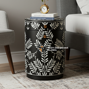 Mesita de Noche Moderna Hecha a Mano con Incrustaciones de Hueso Negro, Diseño Floral de Vid, Muebles para Dormitorio y Sala de Estar - Product Image 1