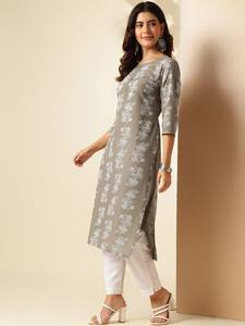 Mujer estampado floral cuello redondo puro algodón recto Kurta indio Pakistán kameez - Product Image 3