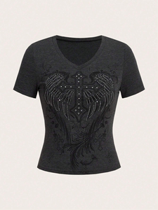 Camisetas ajustadas de diseño personalizado con diamantes de imitación para mujer con cuello en V y mangas cortas, ropa informal transpirable de secado rápido - Product Image 2