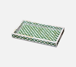 Plateau de service décoratif rectangulaire fait à la main avec incrustations d'os, motif de treillis marocain vert arabesque et poignées latérales intégrées - Product Image 6