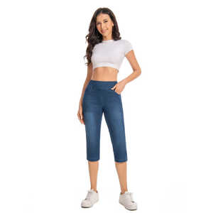 Pantalon Capri en jean extensible pour femme, coupe ajustée, avec poches à rivets, respirant, style crayon, taille simple avec logo tendance - Product Image 6