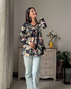 Robes décontractées d'été en pur coton pour femmes bloc à la main imprimé haut à encolure en V traditionnel noir plein tissu naturel lavable - Product Image 2