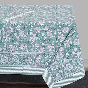 Mantel de algodón puro con estampado de bloque hecho a mano verde oscuro hermosa cubierta de lino decorativa de boda de granja India azul - Product Image 3