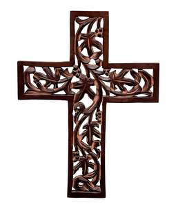 ไม้กางเขนพระเยซูคริสต์ทำจากไม้: แผ่นโลหะแขวนออกแบบโบราณแกะสลักด้วยมือสำหรับตกแต่งบ้านแท่นบูชาของตกแต่งห้องสีน้ำตาล - Product Image 1
