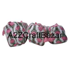 Indian Quilted Eco-Friendly Reusable Zipper Closure Cotton Cosmetic <b>Case</b> Soft Handle Large Capacity <b>Makeup</b> Pouch Women's Travels - Product Image 2