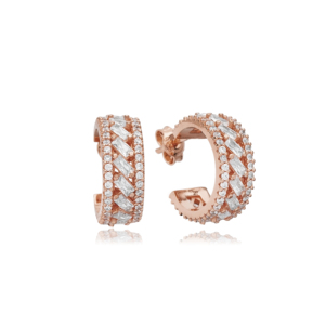 Pendiente de aro con forma de Baguette de piedra de circón transparente, venta al por mayor, joyería fina de plata 925 turca hecha a mano - Product Image 2