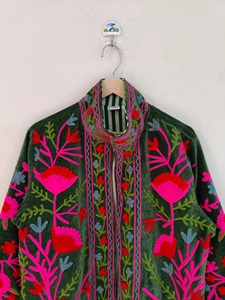 Green <b>Velvet</b> Bohemian Floral Embroidered Mandarin Collar <b>Jacket</b> Full Sleeve Casual Outerwear for <b>Women</b> Autumn Wear - Product Image 5