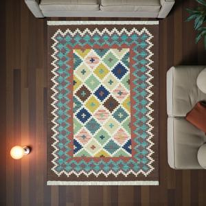 Tapis Kilim en laine/soie fait main et fabriqué à la machine, tapis géométrique moderne et traditionnel à tissage plat pour la maison et le bureau |   Écologique - Product Image 5