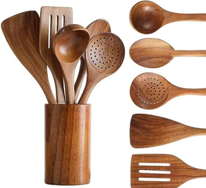 Juego de utensilios de cocina de madera de teca natural con soporte. Utensilios de Cocina de Madera Antiadherentes, Juego Duradero para Cocinar en Grandes Cantidades - Product Image 1
