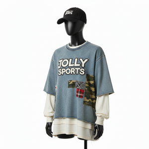 T-shirt 100% coton pour homme, coupe ample, imprimé, double couche, manches longues, style personnalisé, nouveau modèle, t-shirt à double manche. - Product Image 4