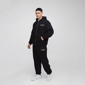 Fabricant en gros personnalisé, 100% coton, 450GSM, survêtement épais noir surdimensionné avec fermeture éclair unisexe, ensemble de sweat-shirts et de pantalons à la mode - Product Image 1