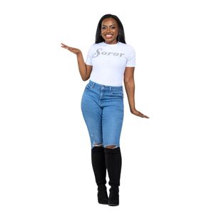 Camicia di Soror di diamanti bianchi AKA abbigliamento da confraternita 100 cotone da donna con paillettes ricamato lettere greche Tee classica alla moda della vita greca - Product Image 4