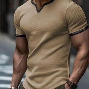 NOVEDAD DE VERANO 2025, camiseta de manga corta sólida con cuello en V a la moda de calle americana, Camiseta deportiva holgada informal para hombre - Product Image 5