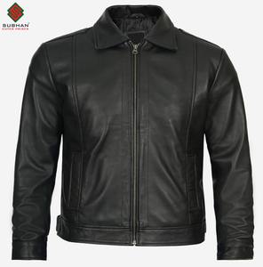 Blouson aviateur en cuir noir uni pour homme, style décontracté d'hiver, col mandarin et service OEM - Product Image 3