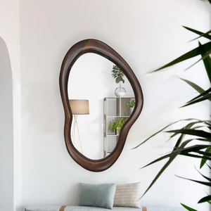 Cadre en bois de noyer véritable miroir asymétrique miroir de courtoisie irrégulier ondulé pour salle de bain chambre Art déco parfait décor à la maison - Product Image 1