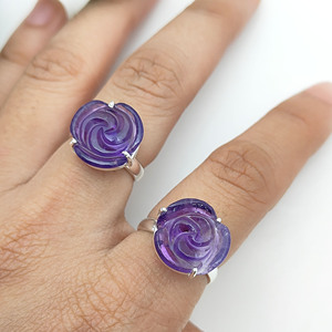 Handmade Amethyst Rose Carved 925 <b>Sterling</b> <b>Silver</b> Eternity Vermeil <b>Ring</b> <b>Adjustable</b> Band Prong Setting Elegant Floral Jewelry - Product Image 4
