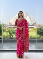 Sari en soie géorgette léger et écologique avec broderie florale et chemisier pour toutes les occasions (Gujarati)
