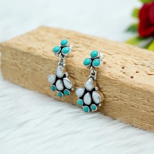 925 argent Sterling naturel multi pierres précieuses fleur florale boucle d'oreille goujon GIA certifié mignon perle naturelle Turquoise bijoux - Product Image 2