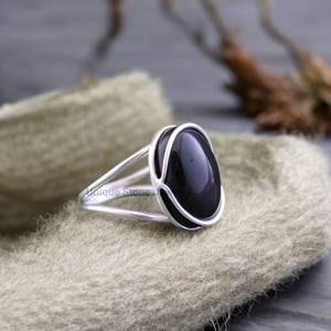 Bague en argent sterling 925 faite à la main pour femmes pierre précieuse d'onyx noir naturel plaqué or 18 carats déclaration diamant lunette bijoux de réglage - Product Image 3