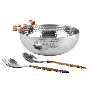 Saladier design de qualité supérieure en acier inoxydable martelé et livré avec un serveur à salade avec un design classique élégant - Product Image 1