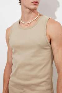 Débardeur Sportif Long Oversize en Coton Tricoté Teint en Fil, Design Vierge de Haute Qualité, Beige, pour Hommes, Vente en Gros Personnalisée, Style Streetwear - Product Image 4