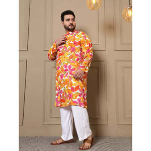 Amanush Kurta longue pour homme, grande taille, imprimé feuilles multicolores, manches trois-quarts, col mandarin, coupe ample, décontracté d'été - Product Image 3