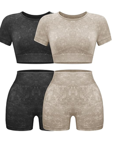 Ensembles de sport pour femmes 2 pièces - Tenues de yoga sans couture effet délavé, shorts et haut court assortis, ensemble de vêtements de sport athlétiques - Product Image 1