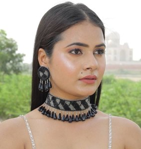 Fait à la main classique noir broderie perles collier ras du cou boucles d'oreilles ensemble grand mariage fiançailles anniversaire bijoux de mode-grand - Product Image 3