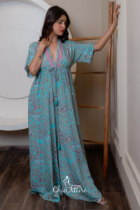 เดรสกิโมโนคอวีพิมพ์ลายดอกไม้สไตล์โบฮีเมียน, เดรสแม็กซี่ไซส์ใหญ่พิเศษผูกเอวแขนพลิ้วไหวดีไซน์ล่าสุดสำหรับวันหยุดพักผ่อนในช่วงเย็นฤดูร้อน - Product Image 4