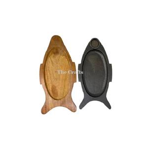 Juego de 2 platos chisporroteantes de hierro y madera con forma ovalada Plato chisporroteante de Calidad exclusiva para hotel y restaurante a granel - Product Image 4