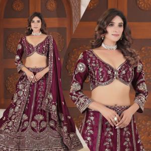 Lehenga Choli en soie de chinon de haute qualité avec travail de broderie Zari et travail de séquence pour les occasions festives et les grandes célébrations - Product Image 5