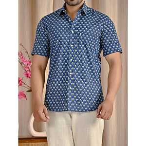 Camisa de Manga Corta para Hombre, Azul, Popelina de Algodón, Estampada, Corte Entallado, Estilo Casual y de Esmoquin, Suministro ODM - Product Image 2