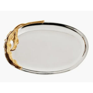 Luxury Design Gold & Green Oval Metal Snacks Serving Tray with Bamboo Handles for <b>Catering</b> in Home Hotel or Weddings - Product Image 6