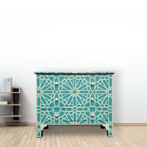 Coffre moderne à 5 tiroirs en bois massif avec incrustation d'os Meuble de salon polyvalent Artisanat écologique d'Inde - Product Image 3