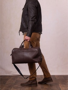 Mens Dark Brown Leather Duffle <b>Bag</b> <b>Large</b> Weekender <b>Travel</b> Gym Carry On Overnight Luggage Shoulder Strap Genuine Textured <b>Tote</b> - Product Image 3